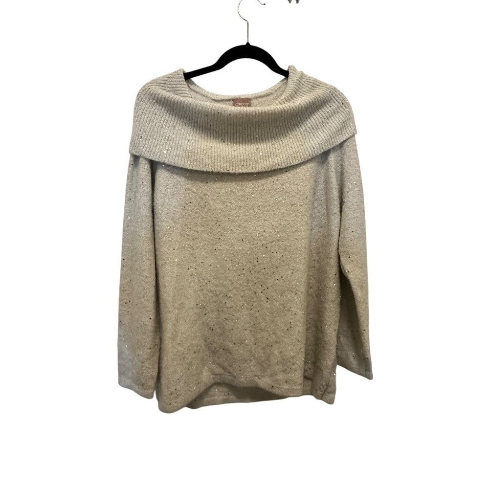 🍒 2/$20 🍒Chico’s White/Silver Cowl Neck Sweater with Silver Sparkle sz XL